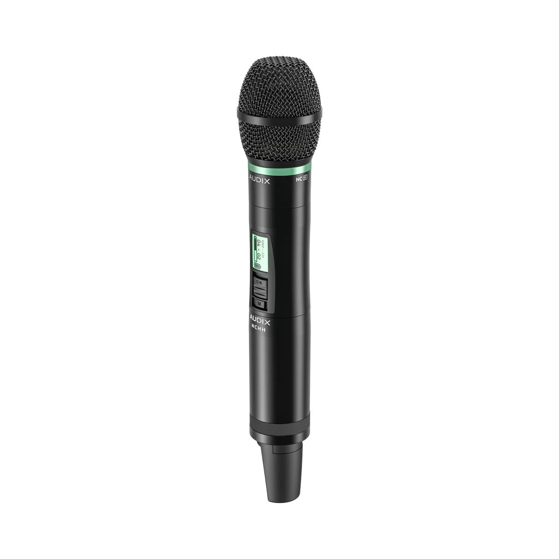 NCHEC handheld transmitter front view with NCEC capsule, green ID ring and backlit GRP-CH display, Audix