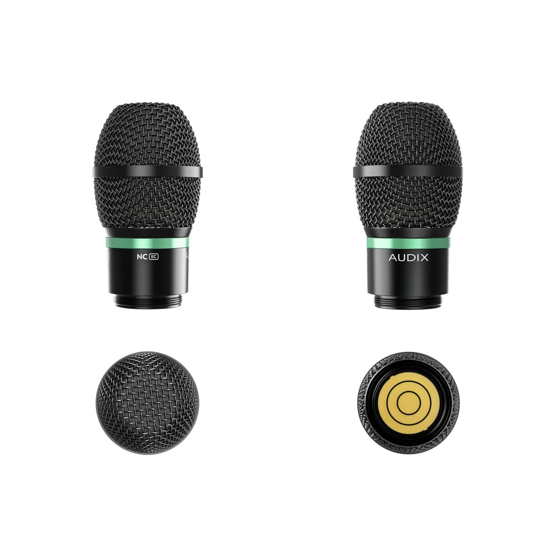 NCEC condenser capsule detail showing steel mesh grille, green band and gold-plated threaded contacts, Audix