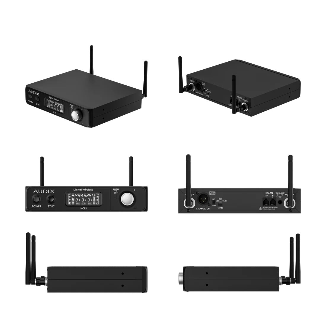 NCR1 receiver six-view layout showing front controls and rear balanced XLR out, level switch, remote jacks and DC input, Audix