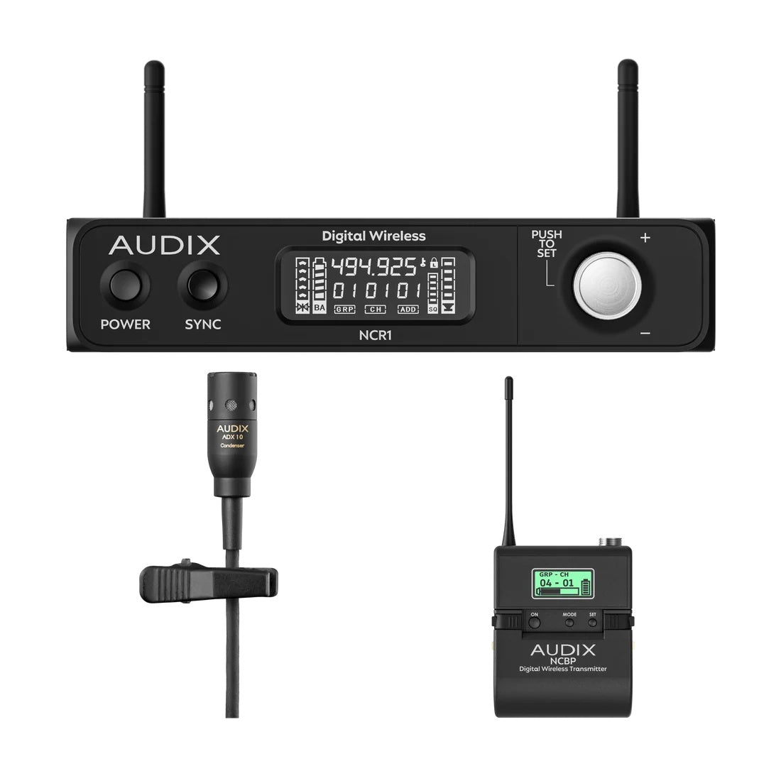 NCBX10 Novacore wireless system in the box with NCR1 receiver, ADX10 lavalier mic and NCBP bodypack transmitter, Audix