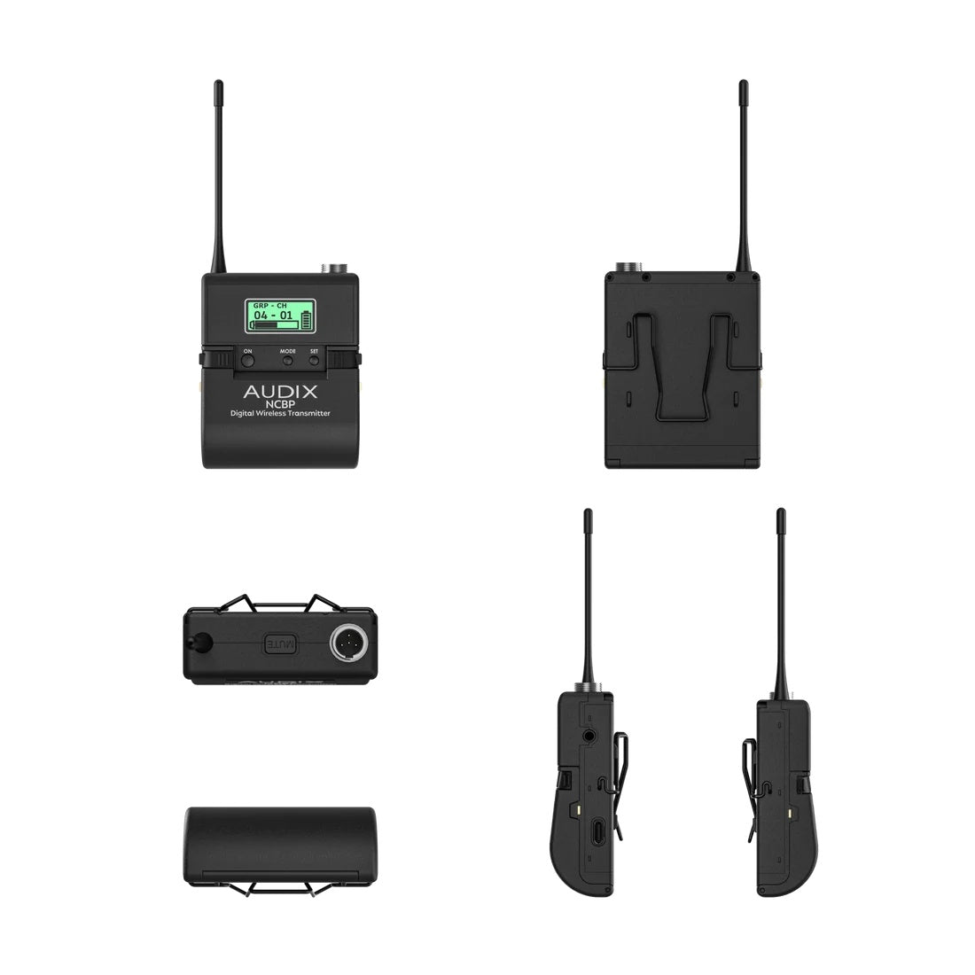 NCBP bodypack transmitter multi-view showing LCD display, ON/MODE/SET buttons, belt clip, mute switch and TA4F mic input, Audix