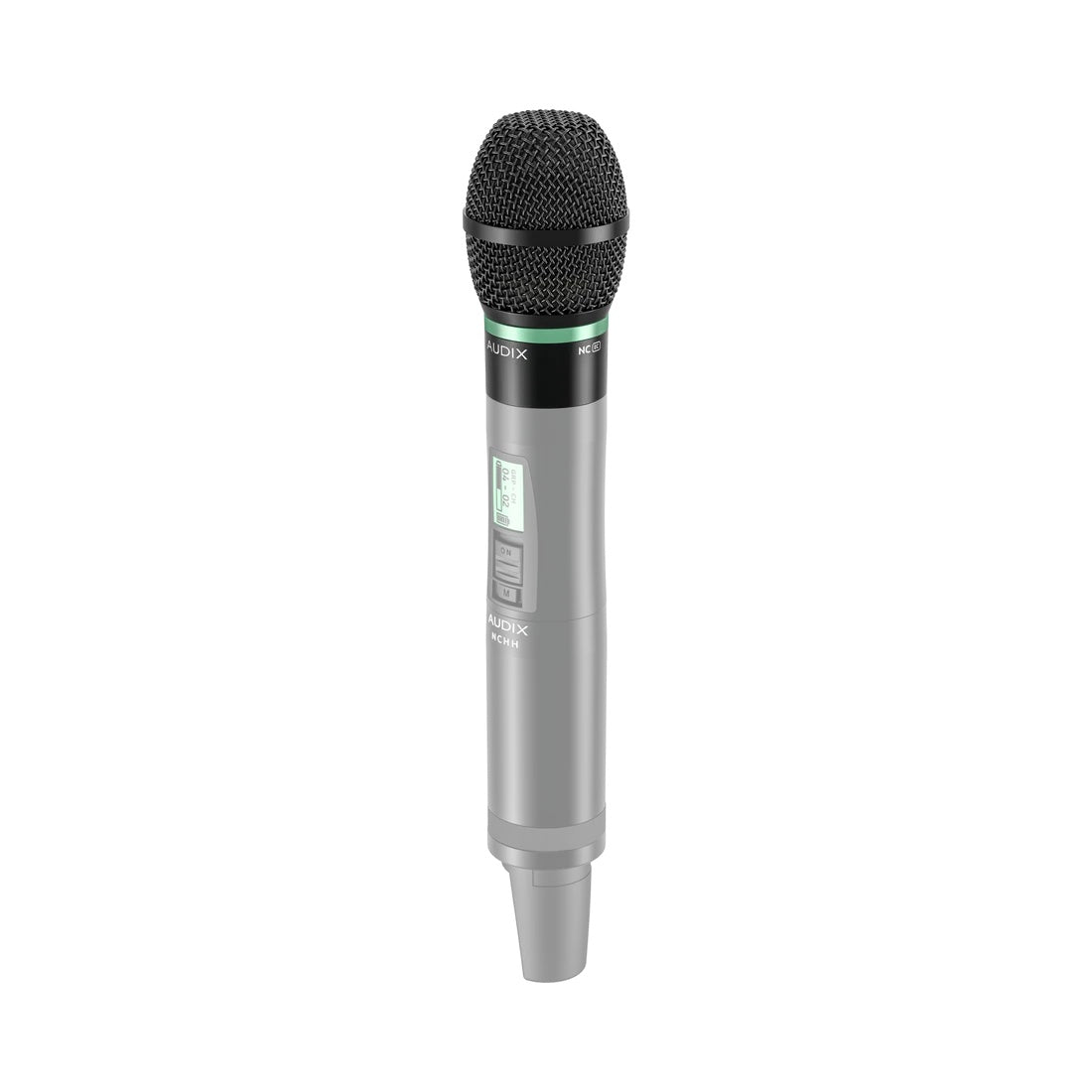 NCEC capsule installed on NCHH handheld wireless transmitter with OLED display and power switch, Audix