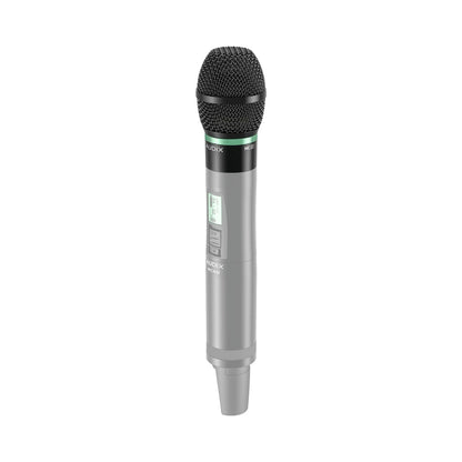 NCEC capsule installed on NCHH handheld wireless transmitter with OLED display and power switch, Audix