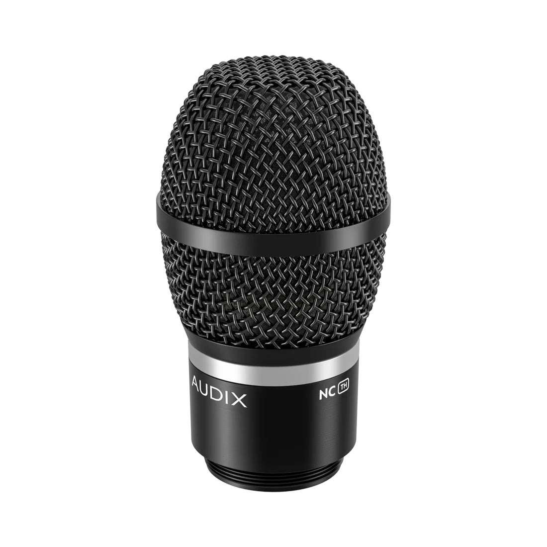NCTH Novacore wireless mic capsule three-quarter front view showing black mesh grille and chrome accent ring with NC TH marking, Audix