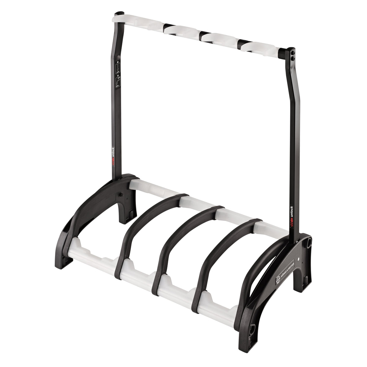 17534 Guardian 3+1 four-guitar stand empty, three-quarter front view showing black arched base cradles, white padded rails and upper neck rest bar, K&M