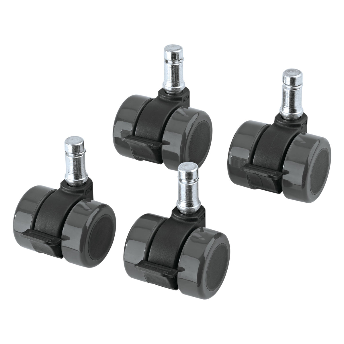 17510 Guardian guitar stand castor set, set of four twin-wheel casters with chrome stems and foot brake levers on white background, K&M