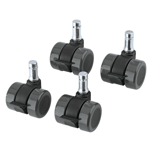 17510 Guardian guitar stand castor set, set of four twin-wheel casters with chrome stems and foot brake levers on white background, K&M