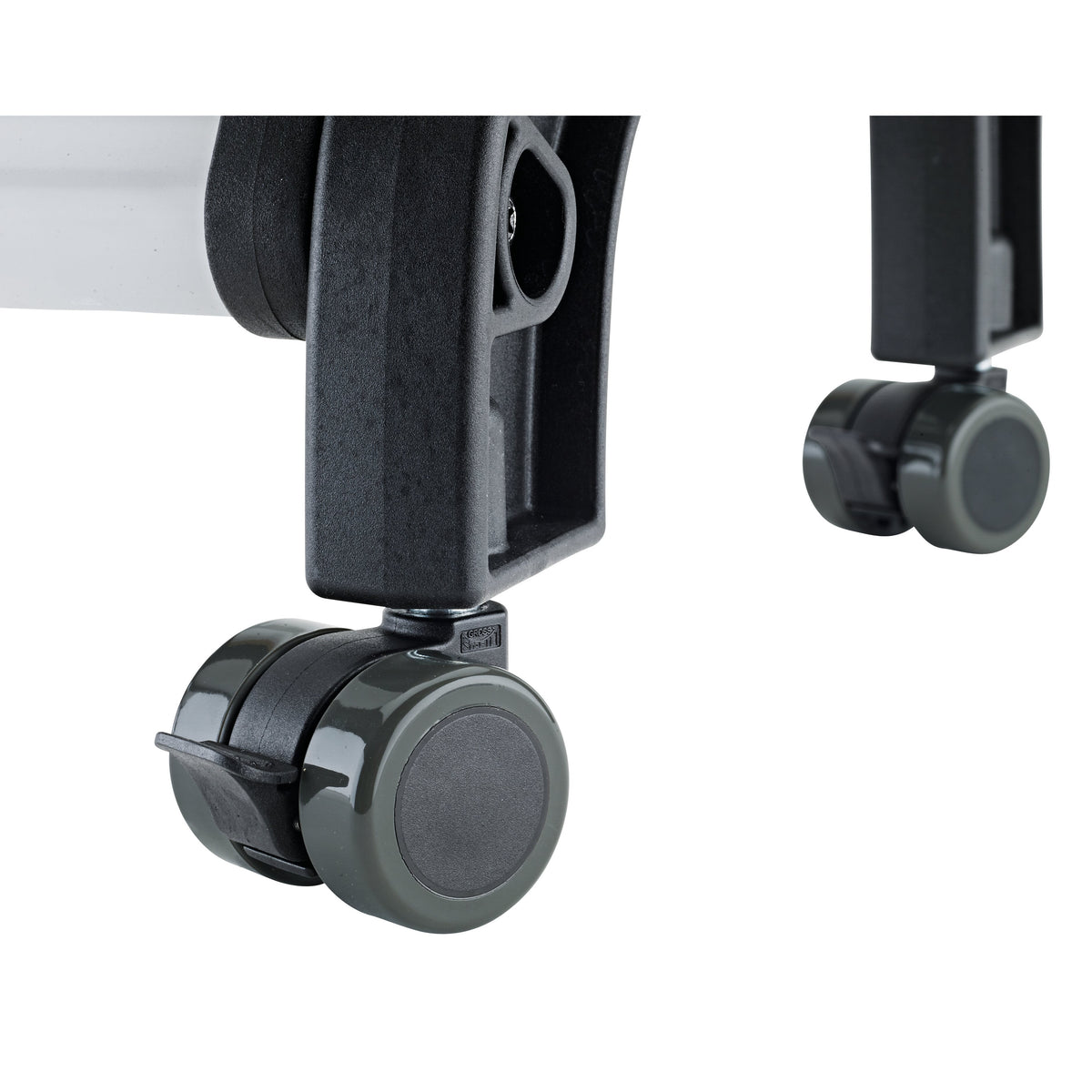 17510 castors mounted on two Guardian stand legs, showing grey twin wheels with brake levers in use, K&M