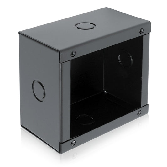 AtlasIED VP-77 vandal proof recessed backbox, angled view of black steel enclosure with knockouts