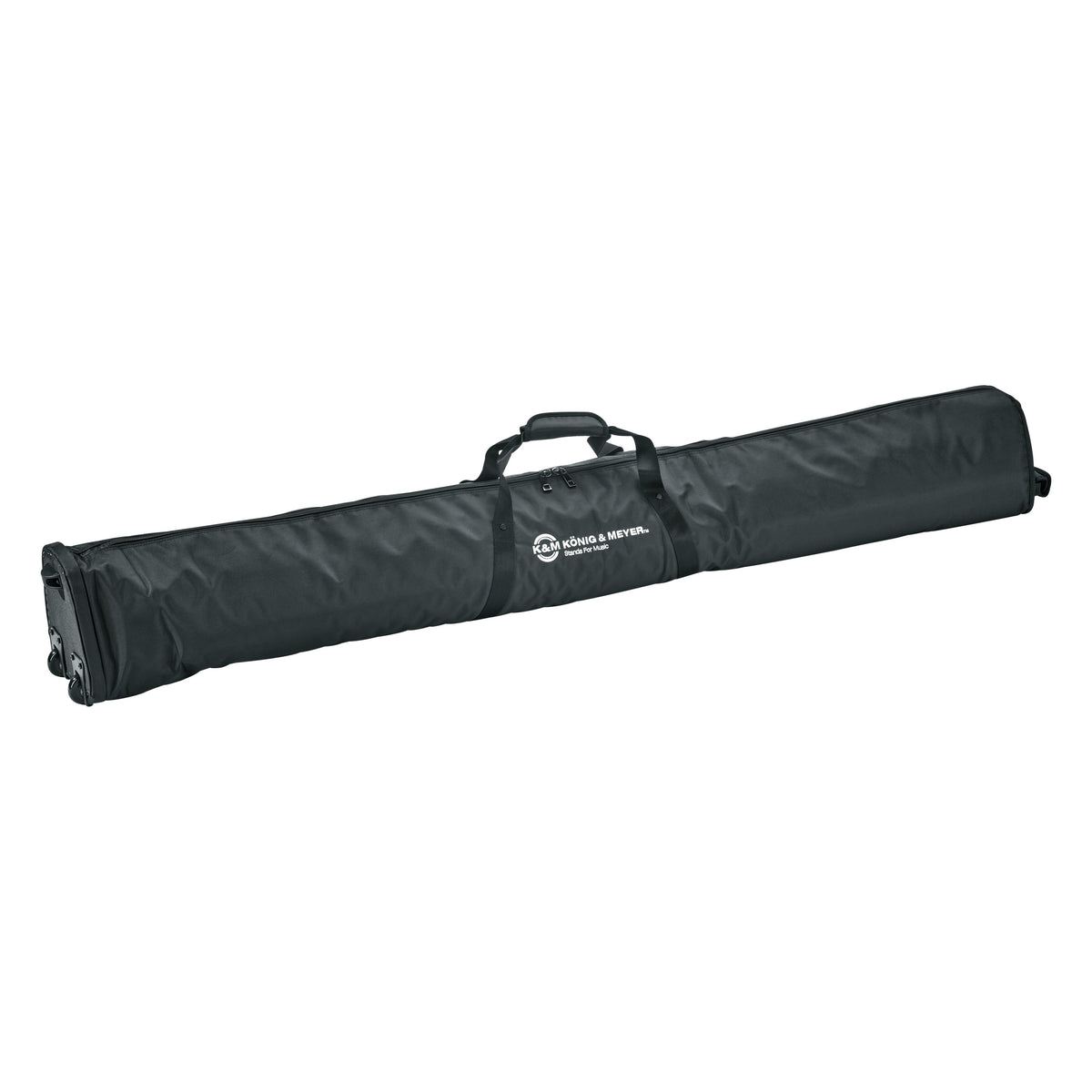 24741 padded nylon carrying case for wind-up stand, angled front view showing top carry handle, zip opening, König & Meyer logo and end-mounted wheels, K&M