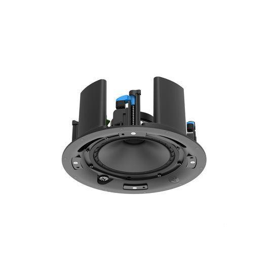 AtlasIED FC-8DRV 8" ceiling speaker driver, angled view showing mounting tabs and blue tensioning hardware