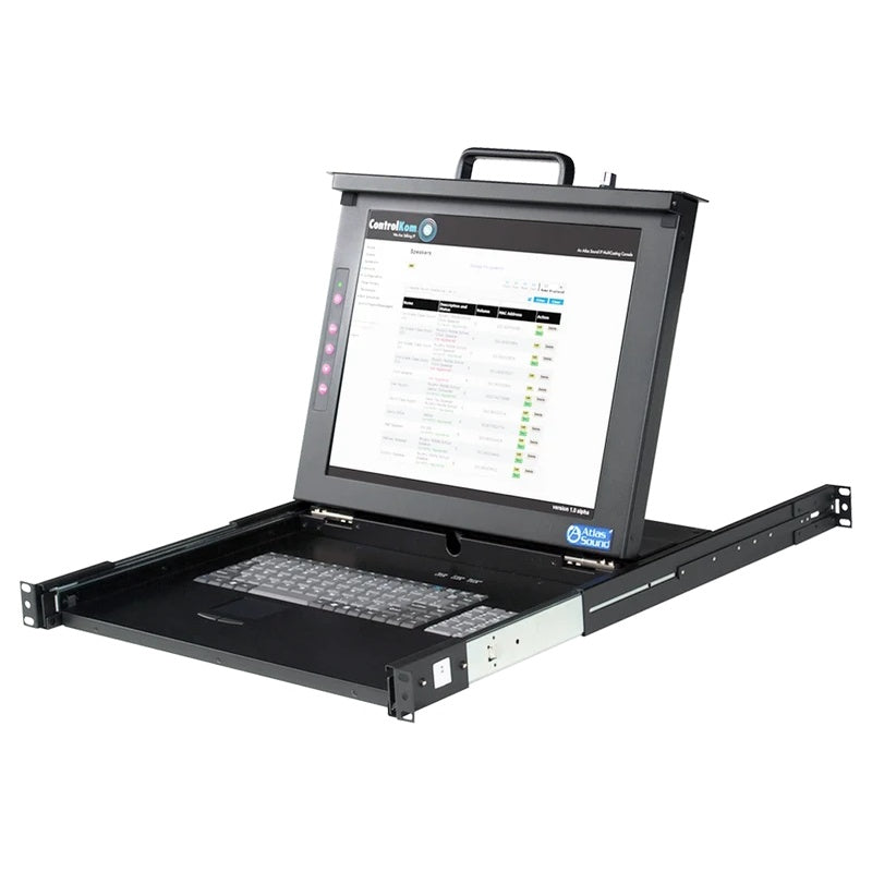IED0590KDS 101-key rackmount keyboard drawer shown extended at an angle with LCD monitor raised displaying ControlKom software, AtlasIED
