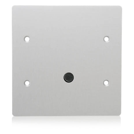 IEDC0540S2TANY ambient noise sensor front view on 2-gang aluminum plate with flush black microphone port and four mounting holes, AtlasIED