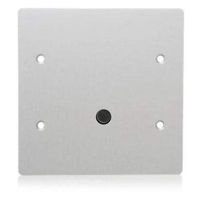 IEDC0540S2TANY ambient noise sensor front view on 2-gang aluminum plate with flush black microphone port and four mounting holes, AtlasIED