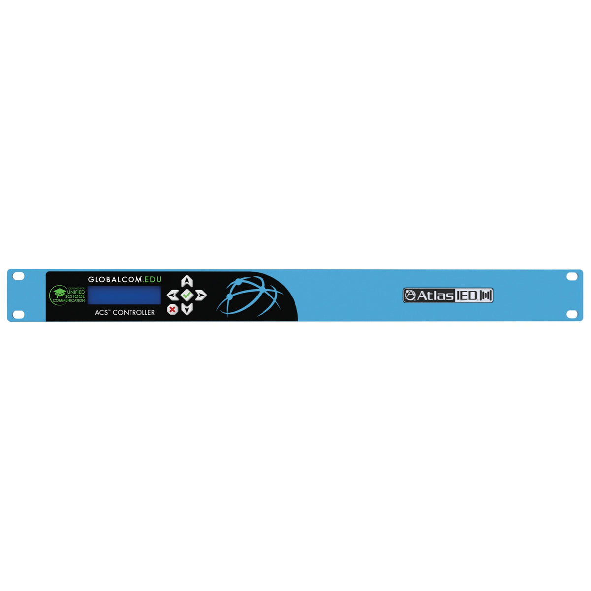 IP108-EDU GLOBALCOM.EDU 8-channel controller front panel with LCD display and navigation keypad on blue 1RU rack chassis, AtlasIED