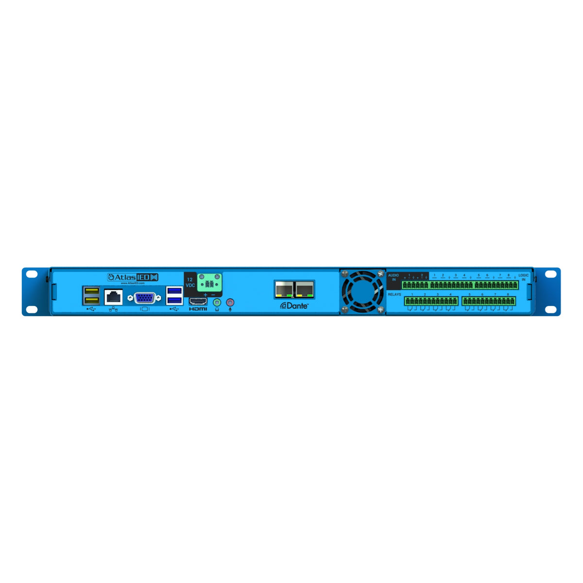 IP108-EDU rear panel showing USB, VGA, HDMI, dual Dante network ports, 12 VDC input and green Euroblock audio, logic and relay terminals, AtlasIED