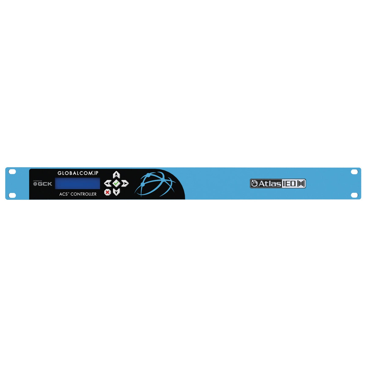IP116-EDU GLOBALCOM.EDU 16-channel controller front panel with blue 1RU faceplate, LCD display and ACS navigation keypad, AtlasIED