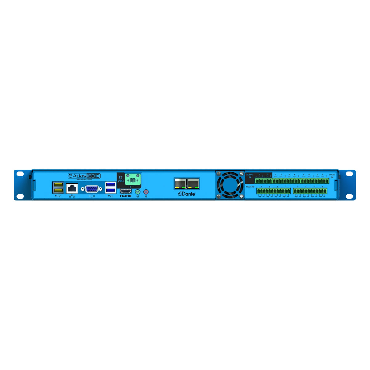 IP116-EDU rear panel showing USB, VGA, HDMI, dual Dante network ports, 12 VDC terminal and green Phoenix logic and relay connectors, AtlasIED
