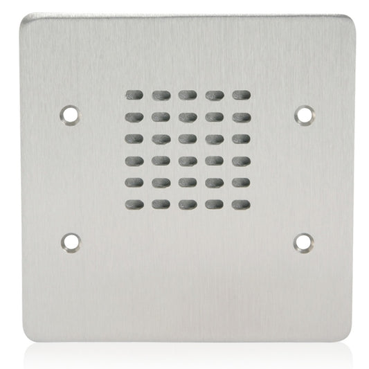 AtlasIED VPCS-2G-2 wired intercom station front view with brushed stainless faceplate and slotted speaker grille