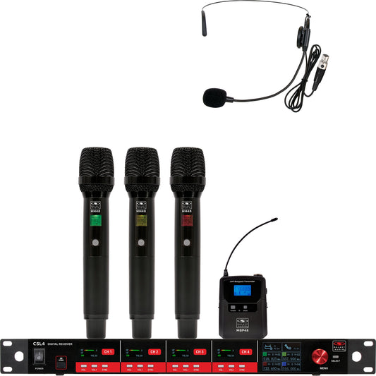 Galaxy Audio CSL4 4-Channel Rackmount Digital UHF Diversity Wireless System | (3) Handheld Vocal Mic Transmitters (1) Bodypack Transmitter w/ Headset Microphone