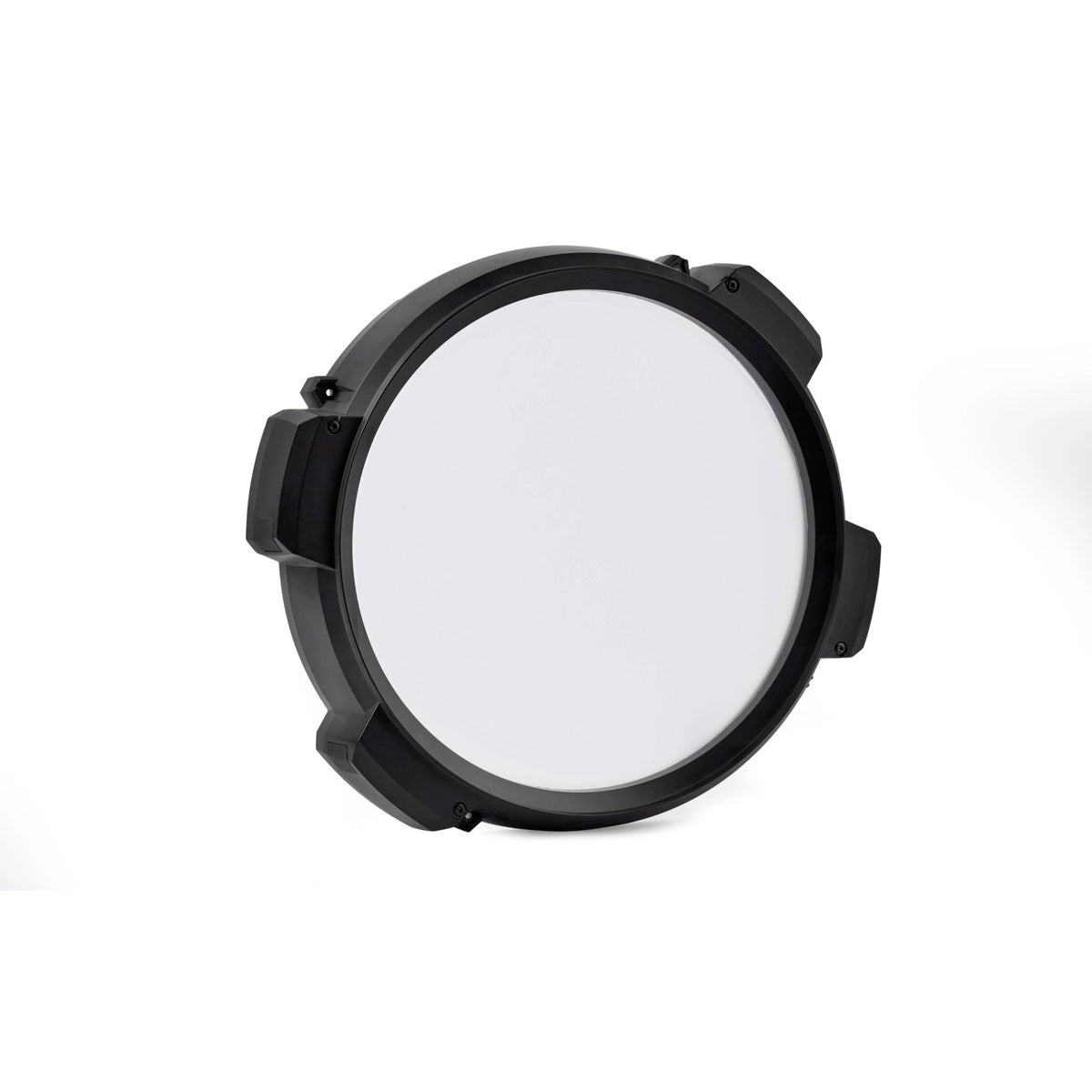 MAC Aura Raven XIP BeamShaper module angled front view showing round frosted diffusion lens in black mounting ring with four latch tabs, Martin Lighting