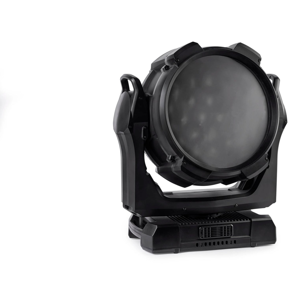 MAC Aura Raven XIP moving head fixture front view with BeamShaper module fitted and frosted lens dimly showing LED array behind, Martin Lighting