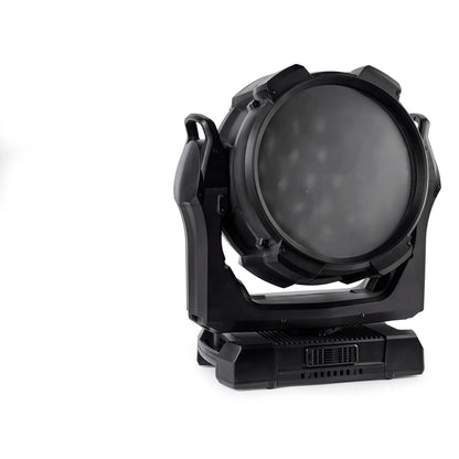 MAC Aura Raven XIP moving head fixture front view with BeamShaper module fitted and frosted lens dimly showing LED array behind, Martin Lighting