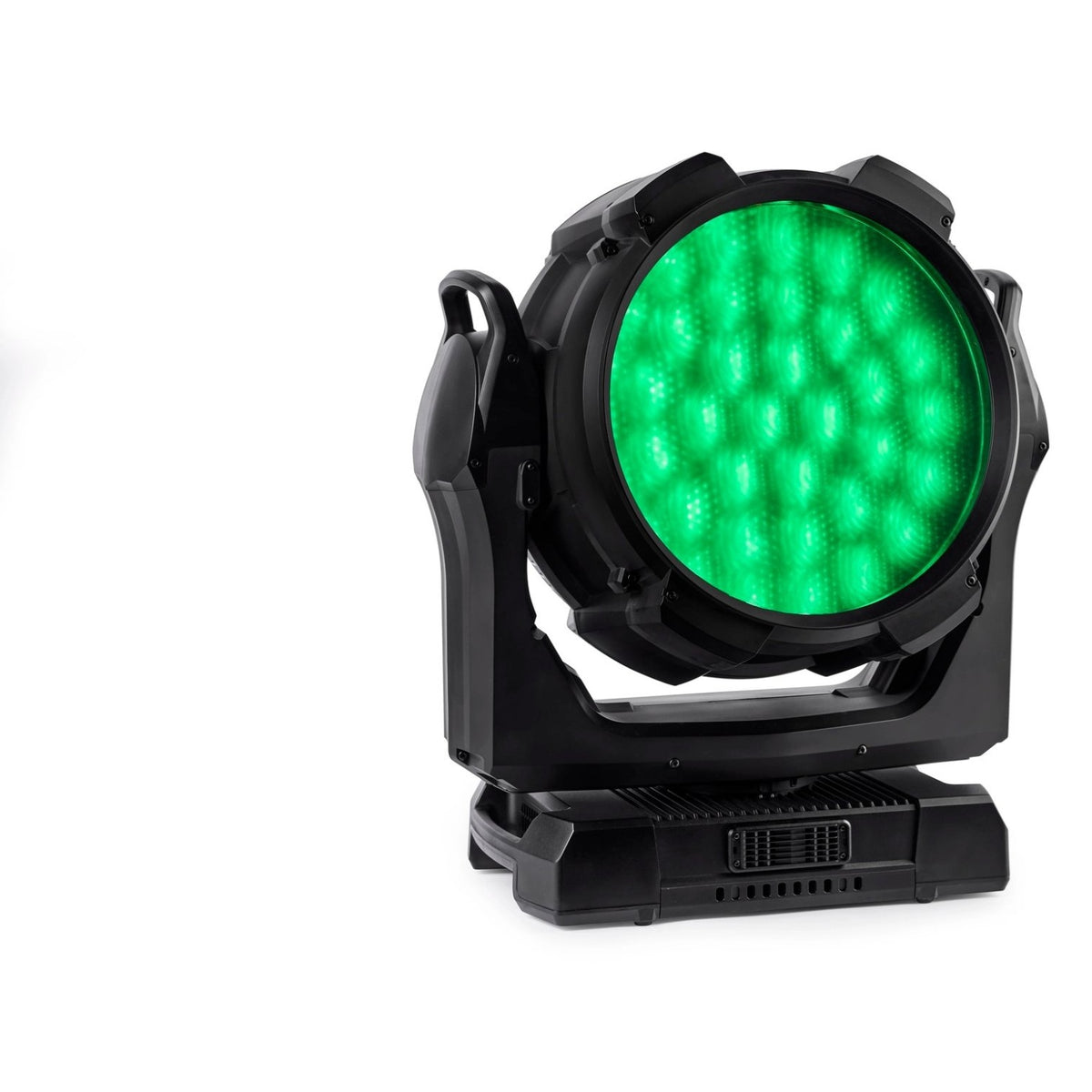 MAC Aura Raven XIP with BeamShaper module fitted and lit in green, showing soft diffused LED lens pattern across the face, Martin Lighting
