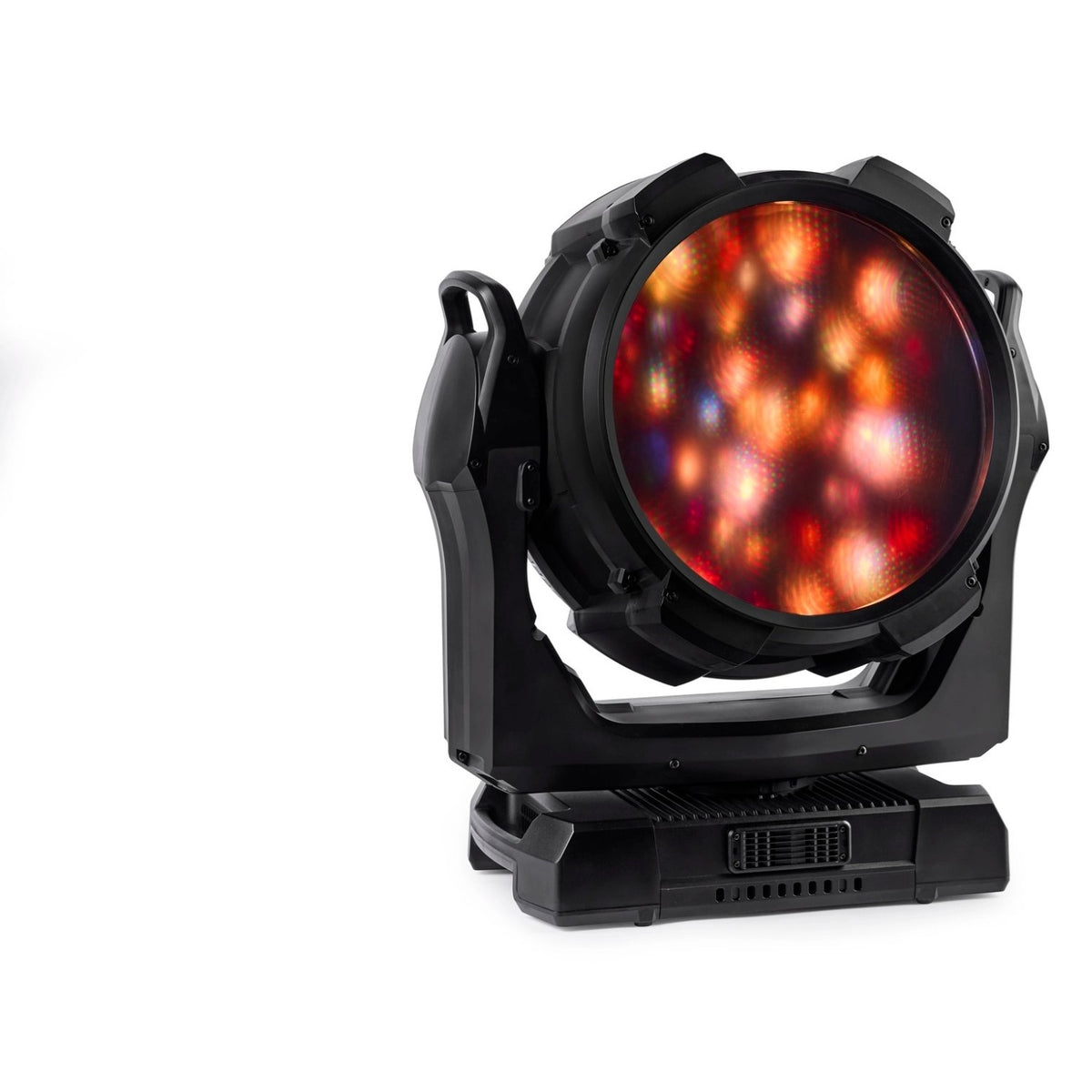 MAC Aura Raven XIP with BeamShaper module fitted and multicolor red, orange and blue LED glow diffused across the front lens, Martin Lighting
