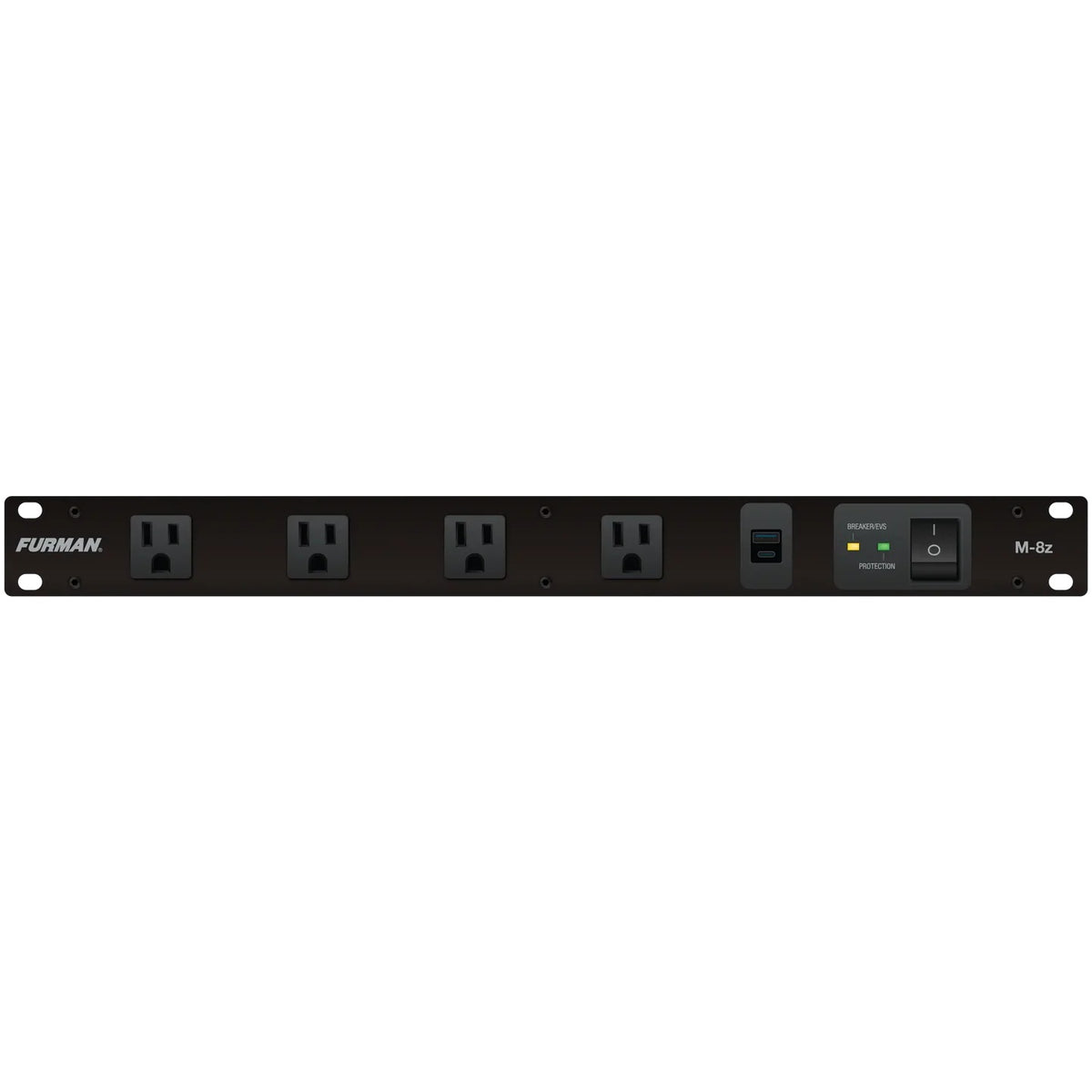 M-8z Merit Z Series 1RU power conditioner front panel with four front outlets, USB-A/USB-C charging ports, breaker/EVS and protection LEDs, and rocker power switch, Furman
