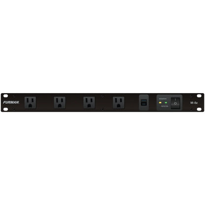 M-8z Merit Z Series 1RU power conditioner front panel with four front outlets, USB-A/USB-C charging ports, breaker/EVS and protection LEDs, and rocker power switch, Furman