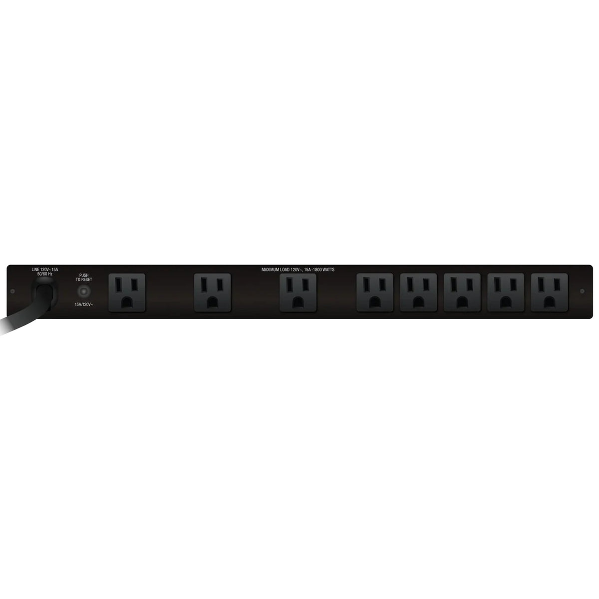 M-8z rear panel showing eight 120V outlets, 15A push-to-reset breaker and attached AC line cord, Furman