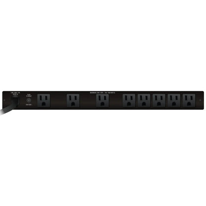 M-8z rear panel showing eight 120V outlets, 15A push-to-reset breaker and attached AC line cord, Furman