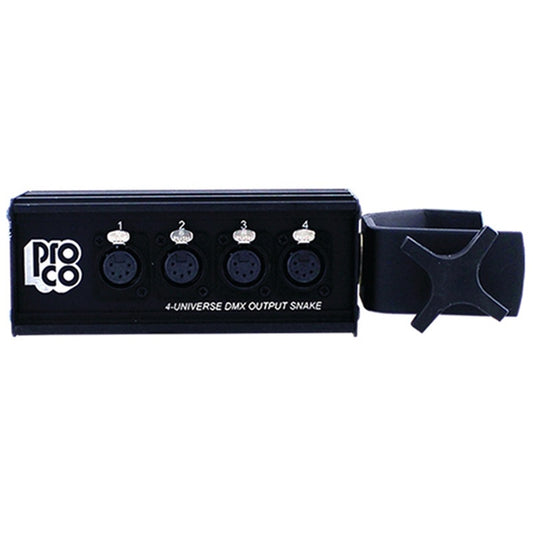 ProCo Sound DOC4U 4 universe DMX break box angled view showing cable strain relief boot at the end