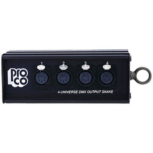 ProCo Sound DOC4U DMX break box front panel with four numbered 5-pin outputs and eyelet hanger