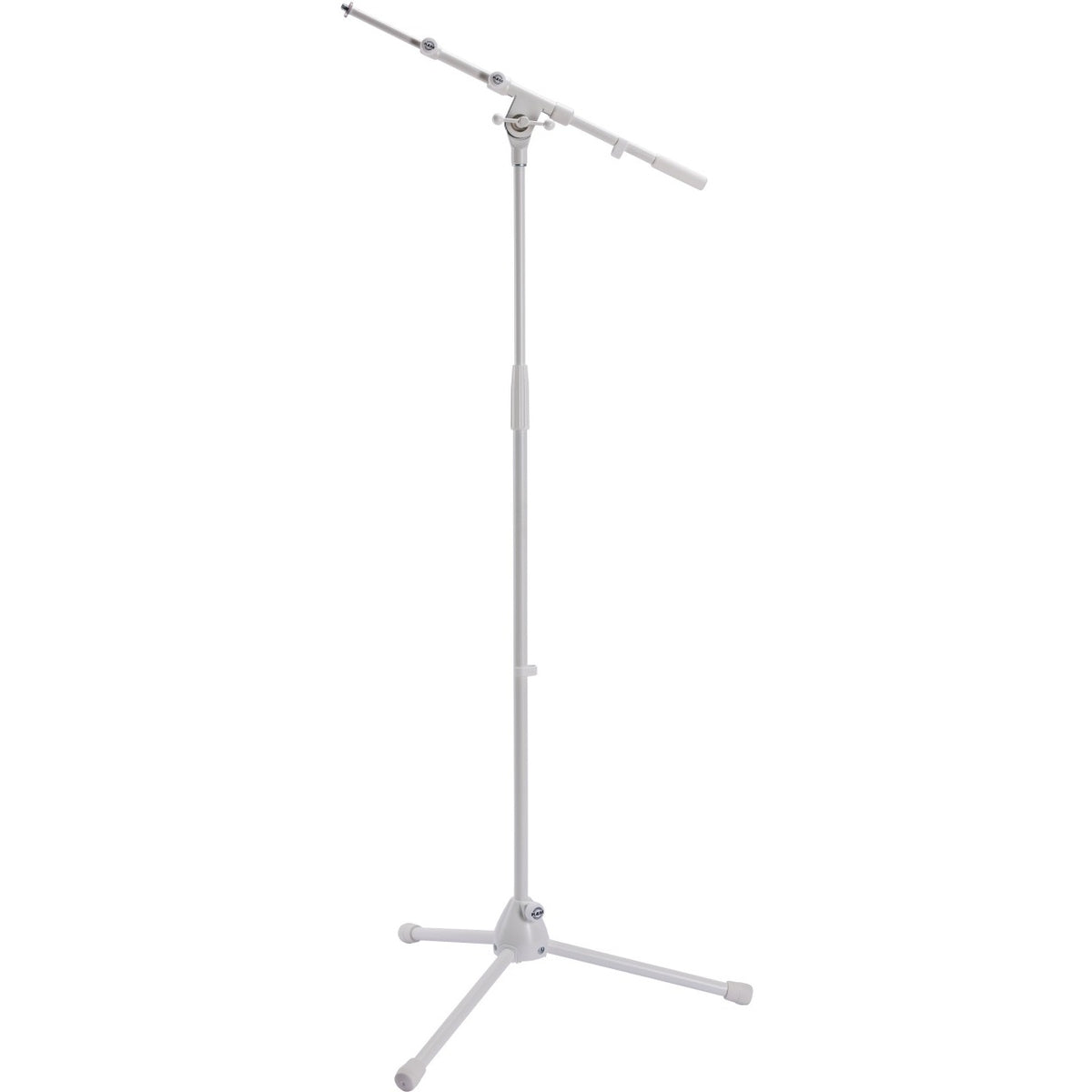 210/9 microphone stand full front view in pure white with tripod base, telescoping boom arm and counterweight extended, K&M