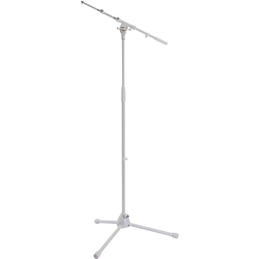 210/9 microphone stand full front view in pure white with tripod base, telescoping boom arm and counterweight extended, K&M