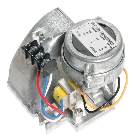 AtlasIED VTB-6 compression driver rear view with 25V line transformer, terminal strip, and color-coded wiring