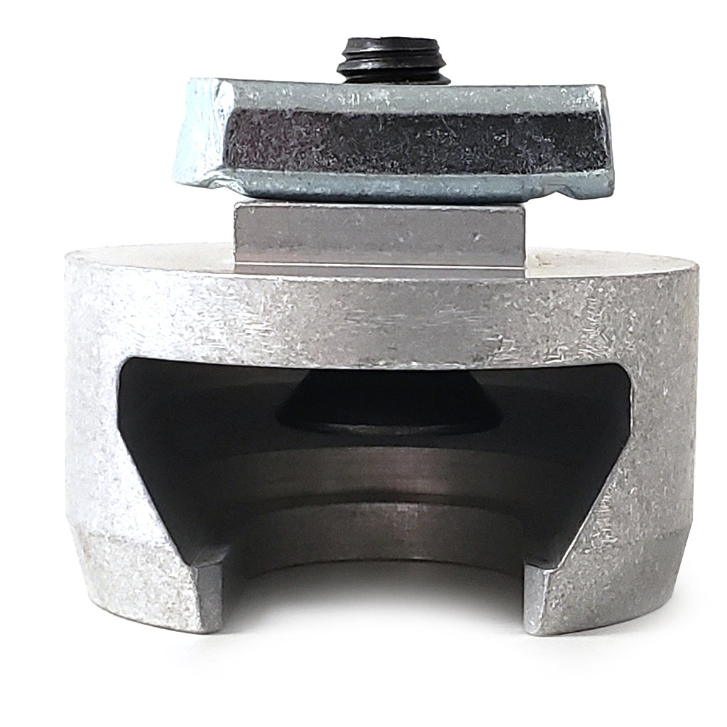 137 Tee Slot for Unistrut front view showing cast aluminum body with pipe saddle cutout and zinc-plated channel nut on threaded stud, City Theatrical