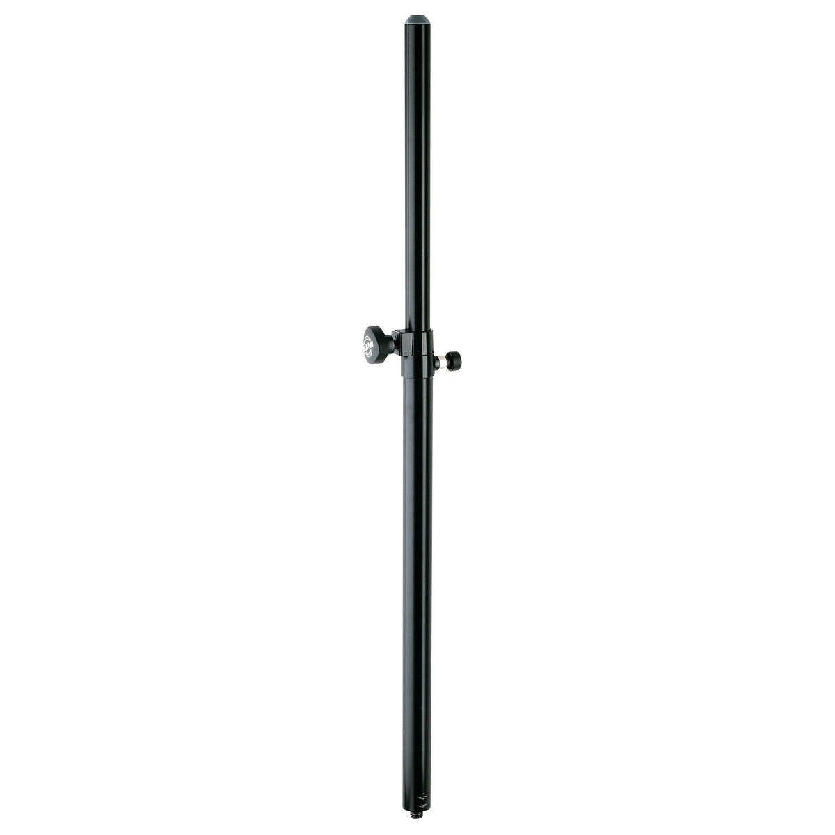 26736 Pro distance rod speaker pole full-length front view in black with clamp collar and two knobs at the telescoping joint, K&M