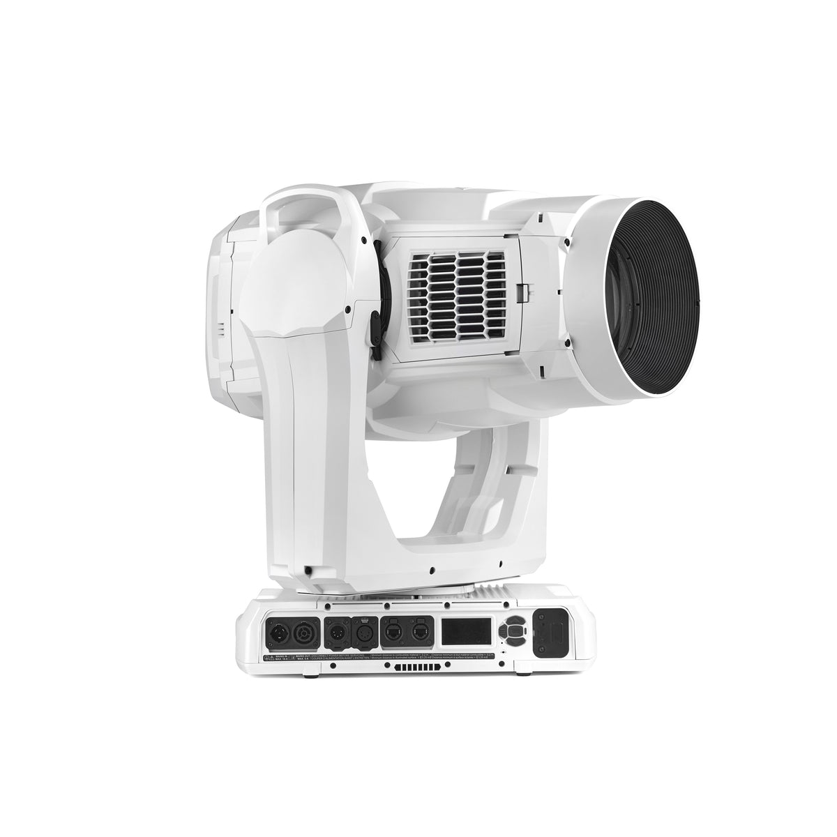MAC Encore Two LED spot moving head in white, three-quarter side view showing head tilted with ribbed lens barrel and rear panel XLR and etherCON connectors, Martin Lighting