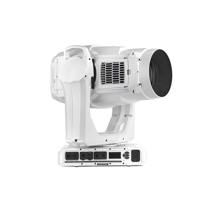 MAC Encore Two LED spot moving head in white, three-quarter side view showing head tilted with ribbed lens barrel and rear panel XLR and etherCON connectors, Martin Lighting