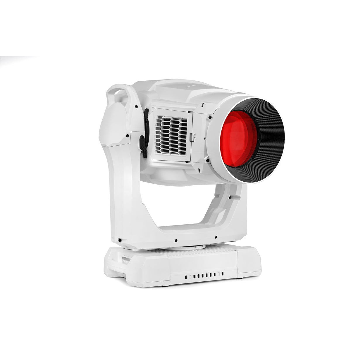 MAC Encore Two white moving head spot angled front view with red gel color projected in the ribbed front lens, Martin Lighting
