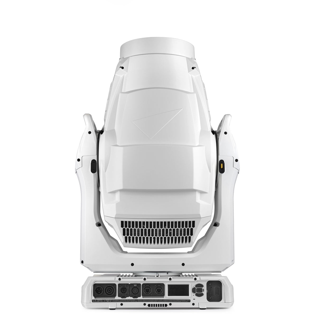 MAC Encore Two rear view of white head housing with cooling vent grille above base panel of DMX, power and network inputs, Martin Lighting