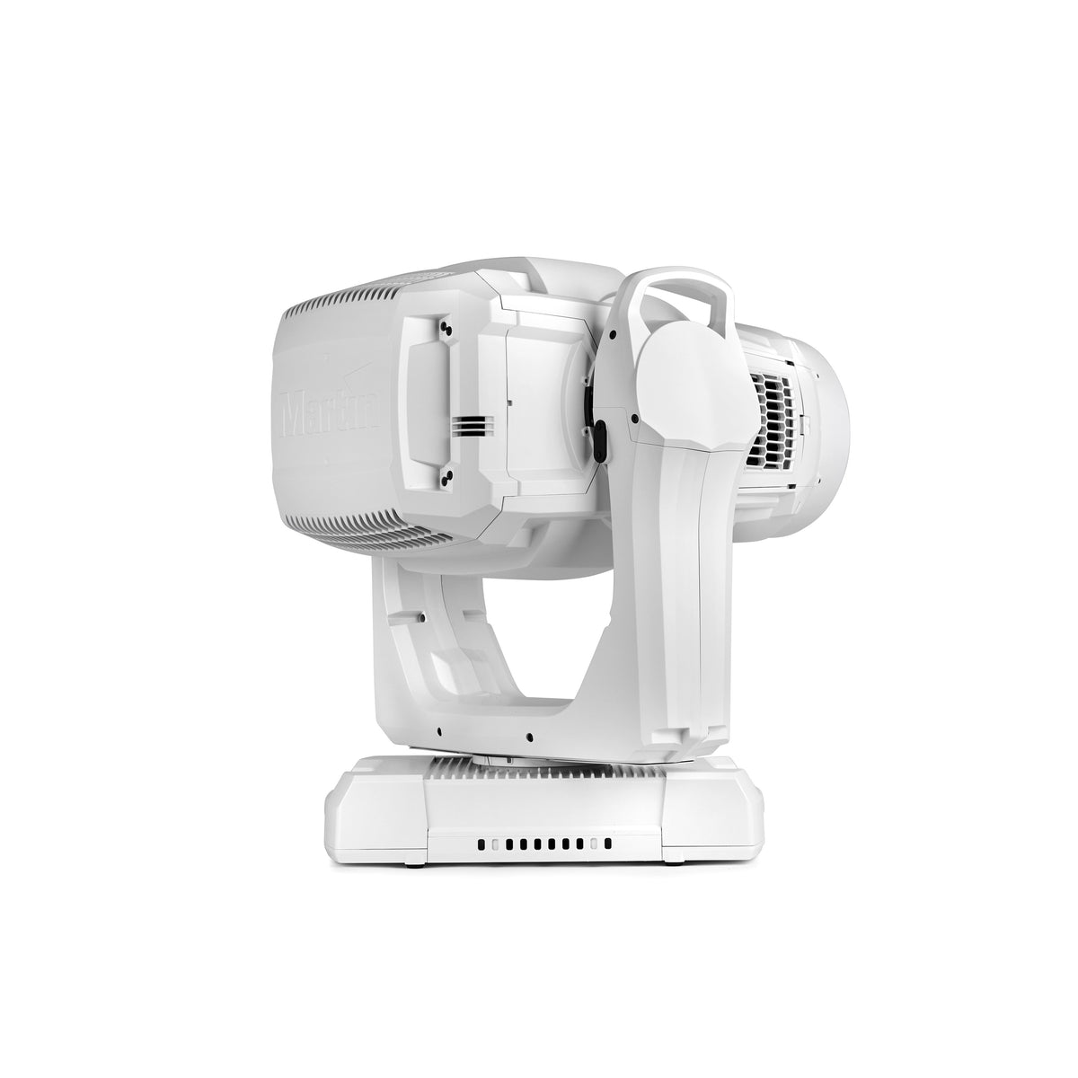 MAC Encore Two side profile of white moving head showing Martin logo embossed on head cover and vented base, Martin Lighting