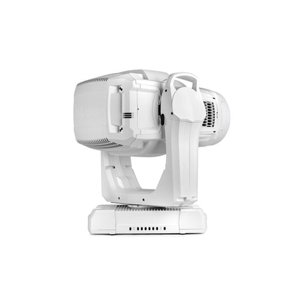 MAC Encore Two side profile of white moving head showing Martin logo embossed on head cover and vented base, Martin Lighting