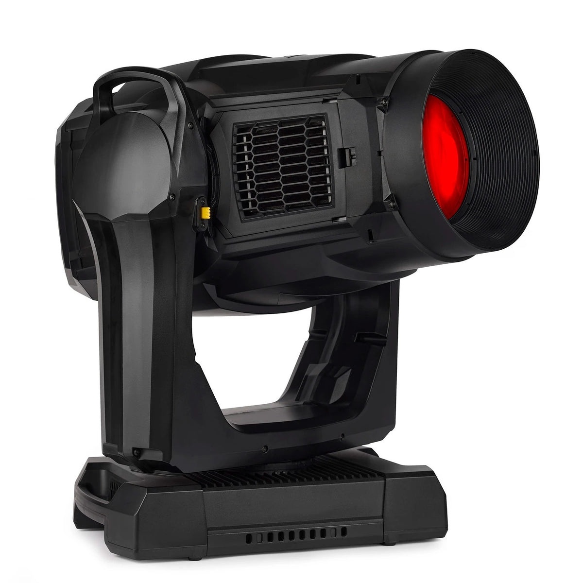 MAC Encore Two moving head angled view showing red output through front lens and side intake grille, Martin Lighting