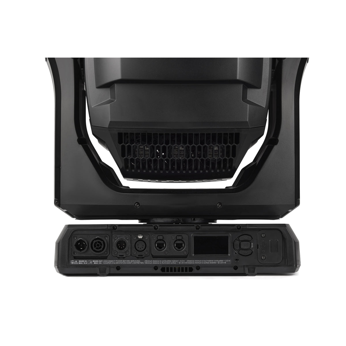MAC Encore Two base panel detail with powerCON mains in/out, 5-pin DMX and etherCON ports, Martin Lighting