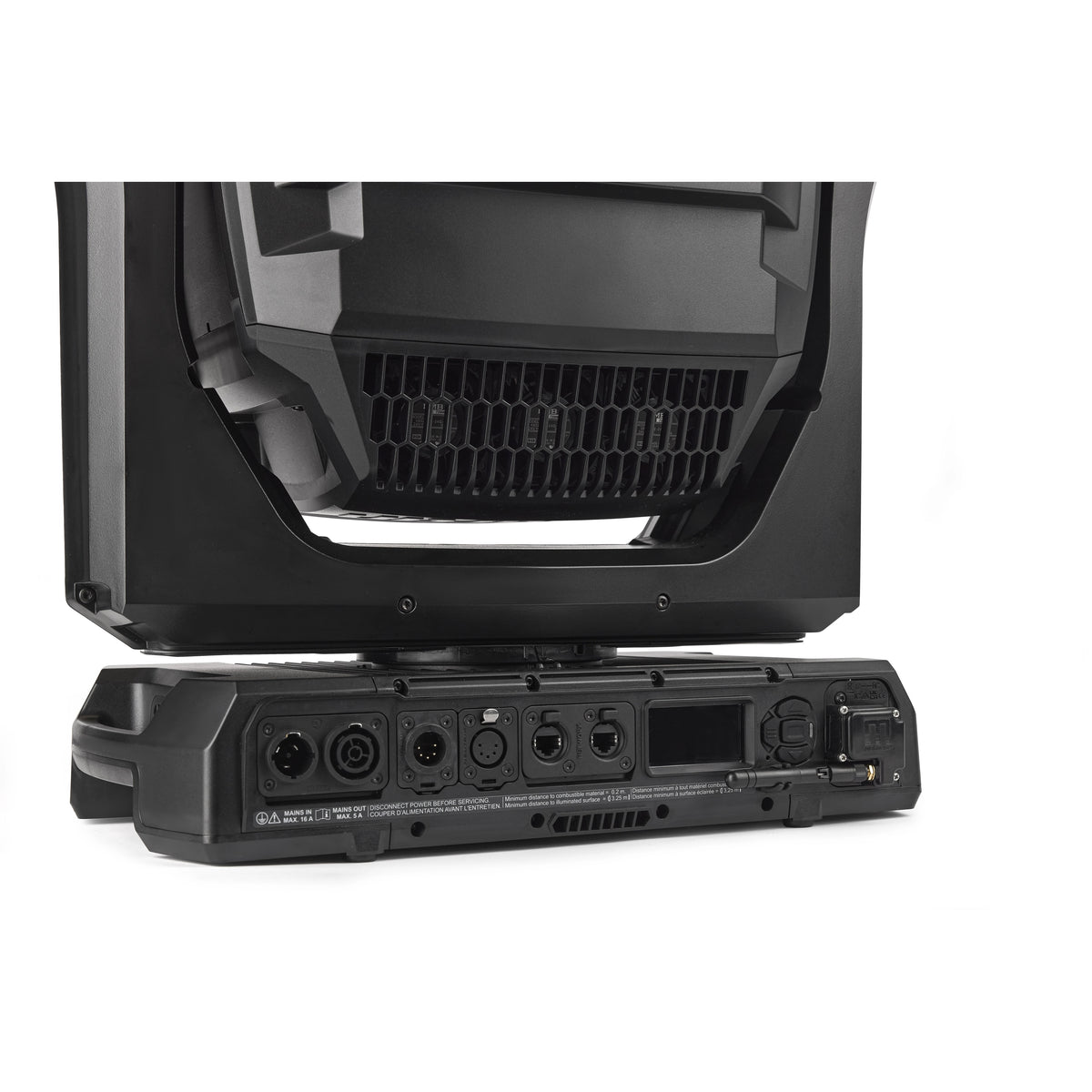 MAC Encore Two base connector panel angled detail with OLED display and USB service port door, Martin Lighting