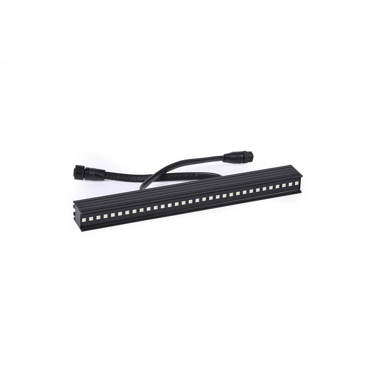 VDO Sceptron XB short LED batten angled view showing exposed SMD pixel row and IP-rated in/out cables, Martin Lighting